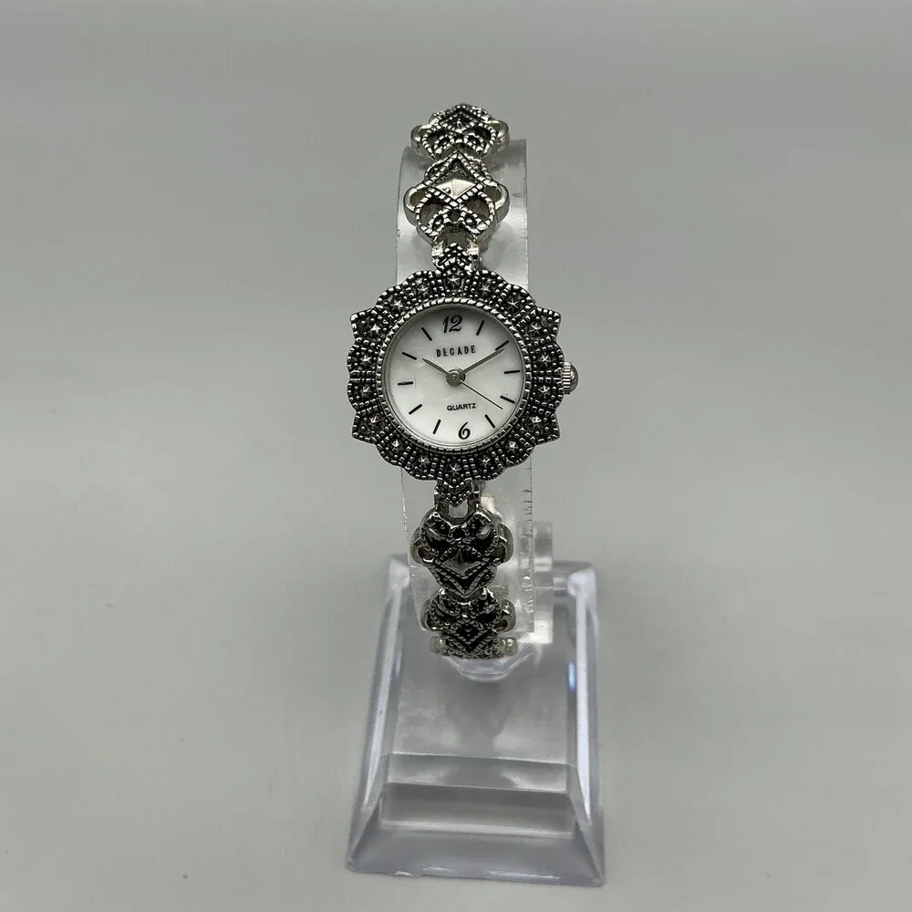 Decade 23785 Womens Dress Watch 23mm MOP Silver Tone Marcasite New Battery 7
